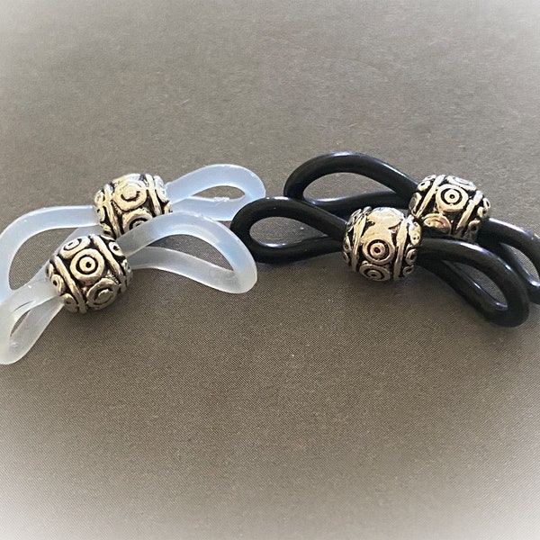 Designer Eyeglass Holders. Clear or Black Stretch Loops with Ornate Antique Silver Beads. Sold by the Pair or in Multiples