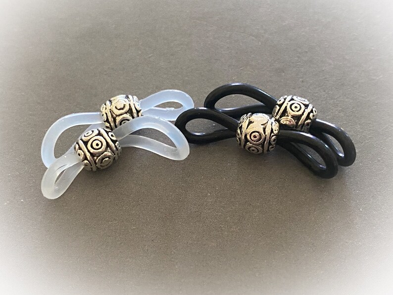 Designer Eyeglass Holders. Clear or Black Stretch Loops with Ornate Antique Silver Beads. Sold by the Pair or in Multiples image 1
