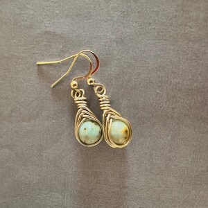 Turquoise Wire Wrapped Earrings. Stainless Steel Ear Wires Gold