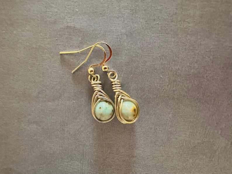 Turquoise Wire Wrapped Earrings. Stainless Steel Ear Wires Gold