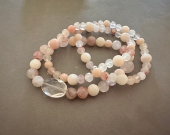 Pink Opal & Crystal Stretch Bracelet Set