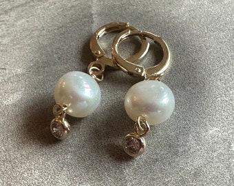 Freshwater Pearl Hoop Dangle Earrings. Petite 14K Gold Fill Huggie Hoops. Minimalist Jewelry.