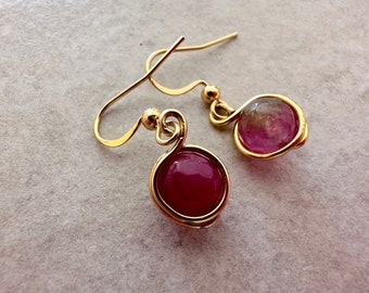 Red Jade Gemstone Earrings. 18k Gold Plated Stainless Steel Ear Wires