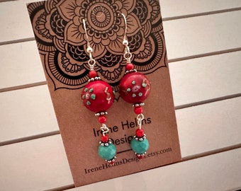 Colorful Boho Lamp Work Earrings. Bright Red Bumpy Lampwork, Turquoise and Coral