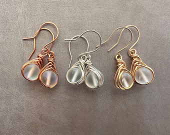 Moonlight Crystal Herringbone Wire Wrapped Earrings. Choice of Silver, Gold or Copper