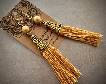 Sparkle Tassel Earrings. Gold Metallic Thread & Gold Plated Ear Wires. Long Boho Earrings