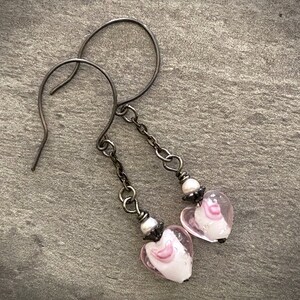 Pink Lamp Work Heart Earrings. Oxidized Sterling Silver Fill Ear Wires image 2
