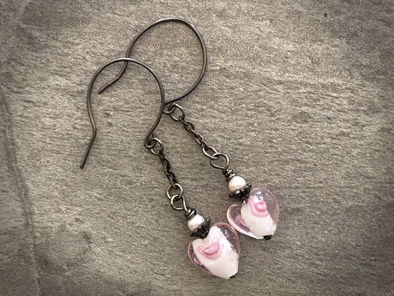 Pink Lamp Work Heart Earrings. Oxidized Sterling Silver Fill Ear Wires image 2