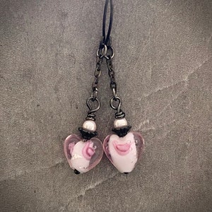 Pink Lamp Work Heart Earrings. Oxidized Sterling Silver Fill Ear Wires image 3