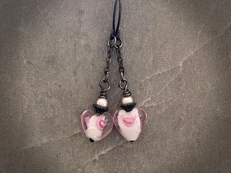 Pink Lamp Work Heart Earrings. Oxidized Sterling Silver Fill Ear Wires image 3