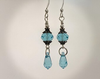 Turquoise Blue Crystal & Sterling Silver Earrings. Modern Bohemian Jewelry