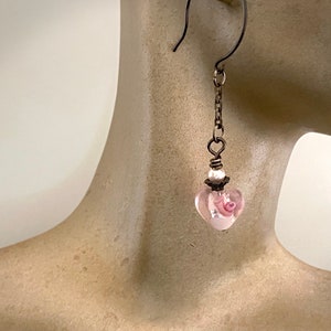 Pink Lamp Work Heart Earrings. Oxidized Sterling Silver Fill Ear Wires image 5