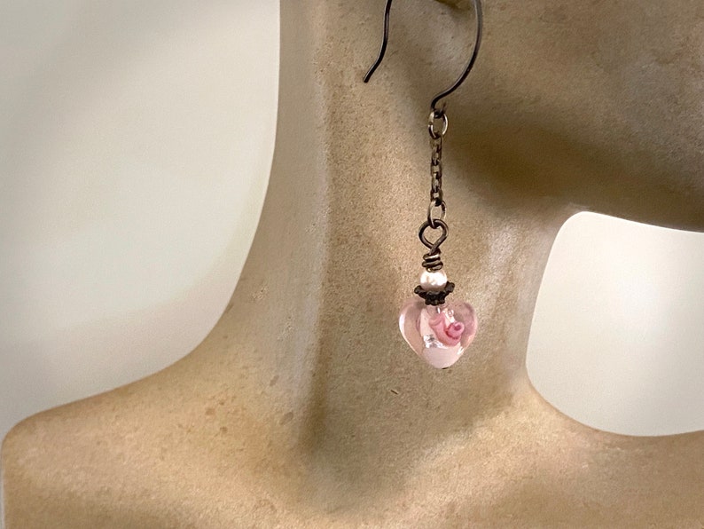 Pink Lamp Work Heart Earrings. Oxidized Sterling Silver Fill Ear Wires image 5