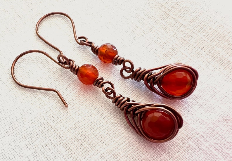 Carnelian and Copper Herringbone Weave Earrings image 2