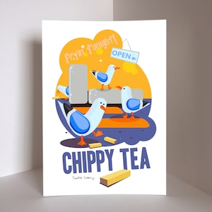 May include: A whimsical art print featuring cartoon seagulls with blue wings and orange beaks. The print includes the text "Chippy Tea" and "Fryin' tonight!" in a playful font, with a sign that says "Open".