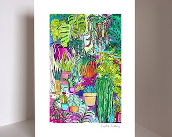 Lámina artística firmada de plantas de interior, plantas verdes tropicales