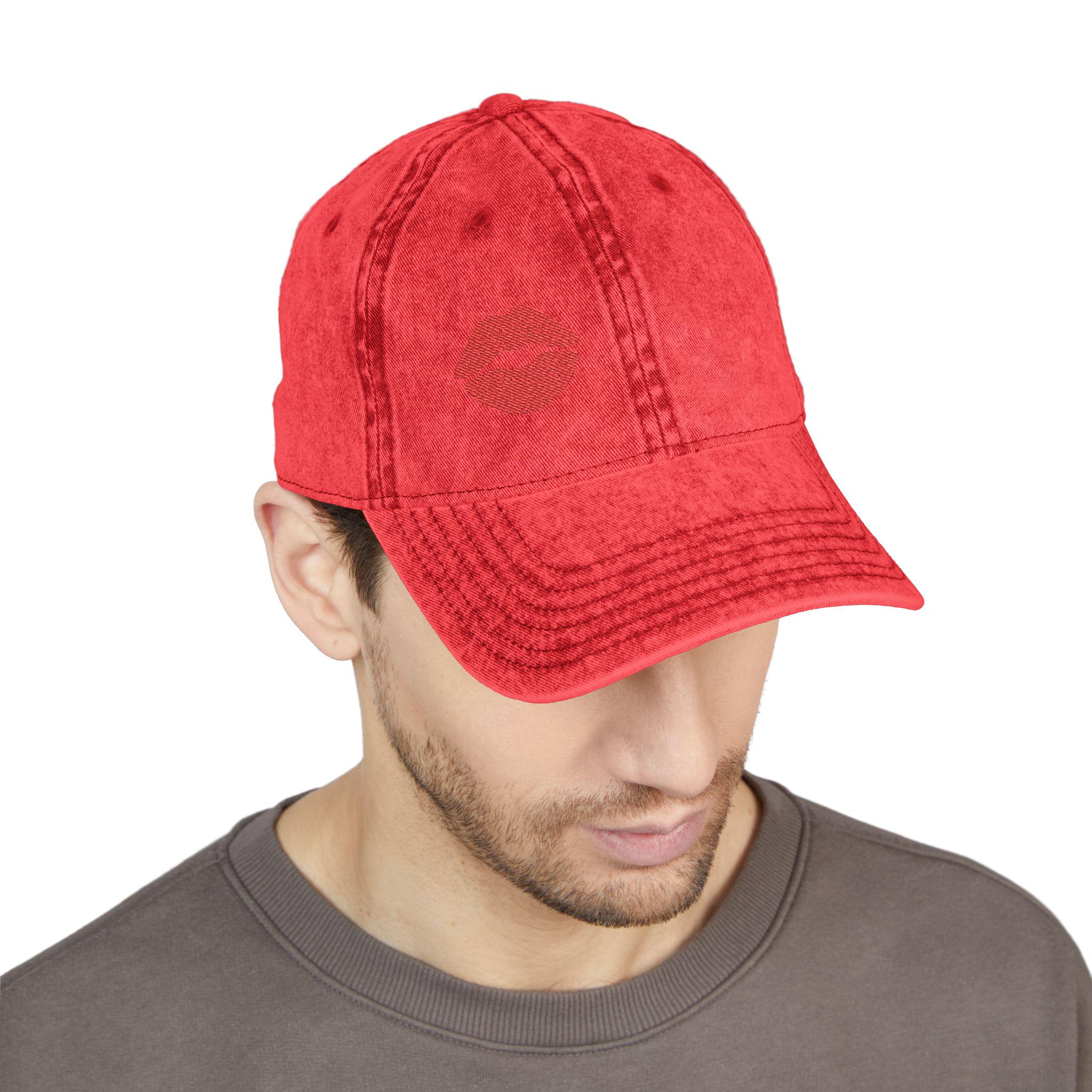 Red Lips Vintage Hat Bold Embroidered Kiss Hat for Flirty, Fun