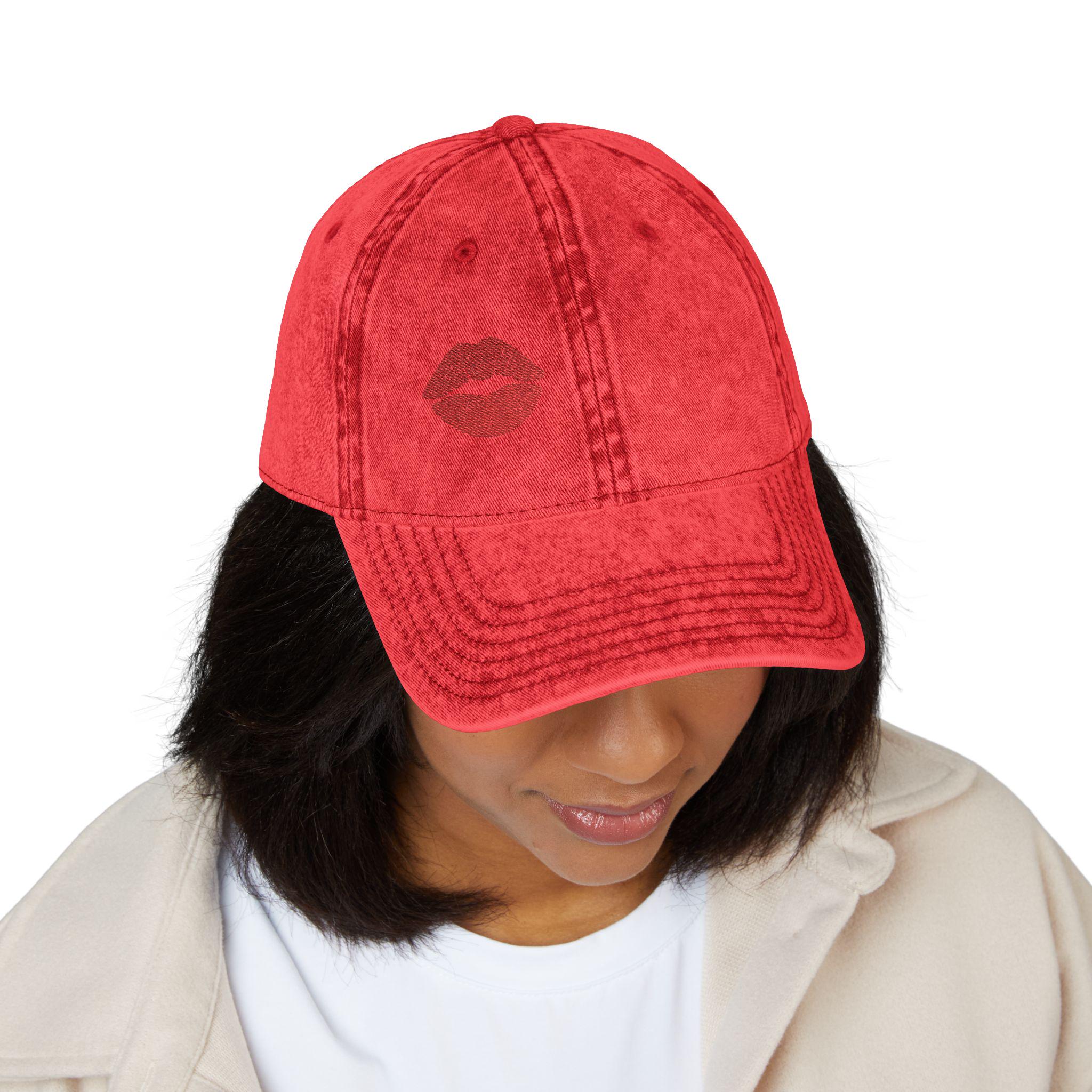 Red Lips Vintage Hat Bold Embroidered Kiss Hat for Flirty, Fun