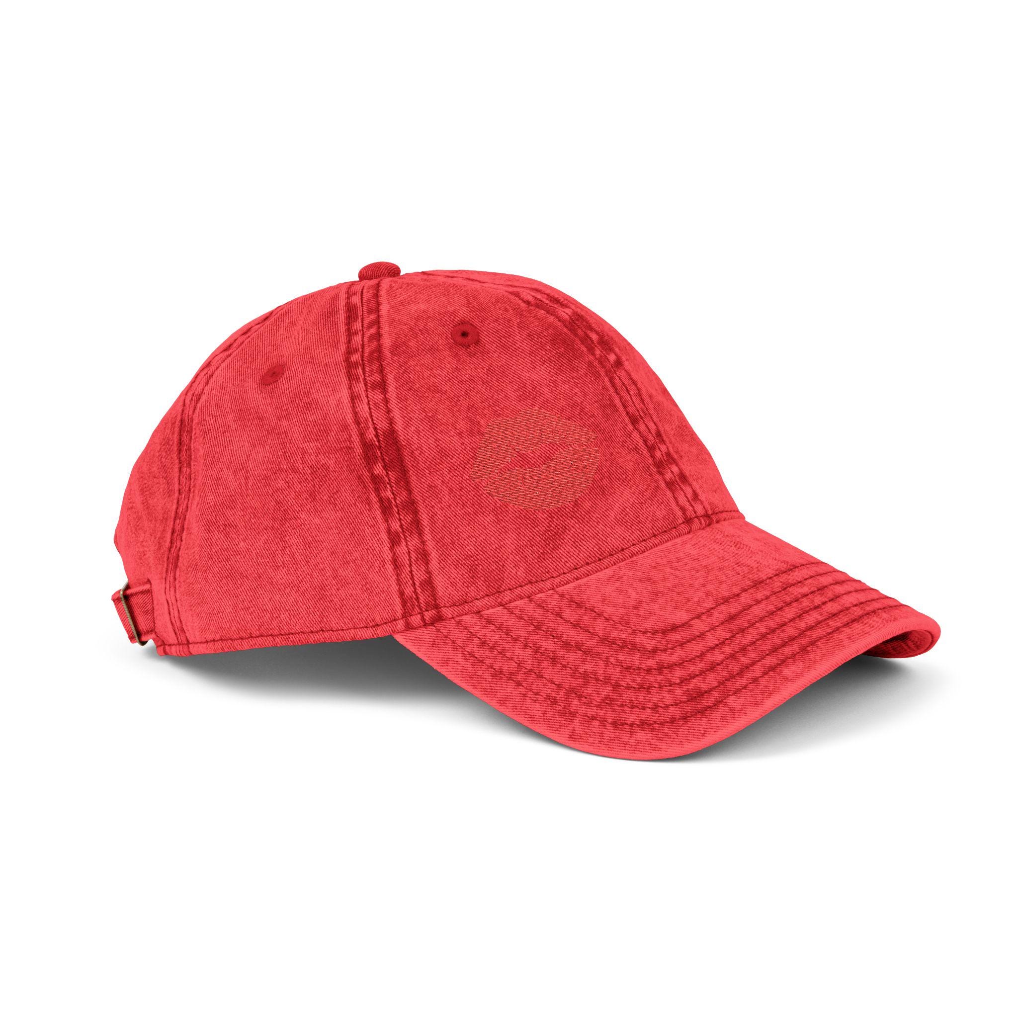 Red Lips Vintage Hat Bold Embroidered Kiss Hat for Flirty, Fun