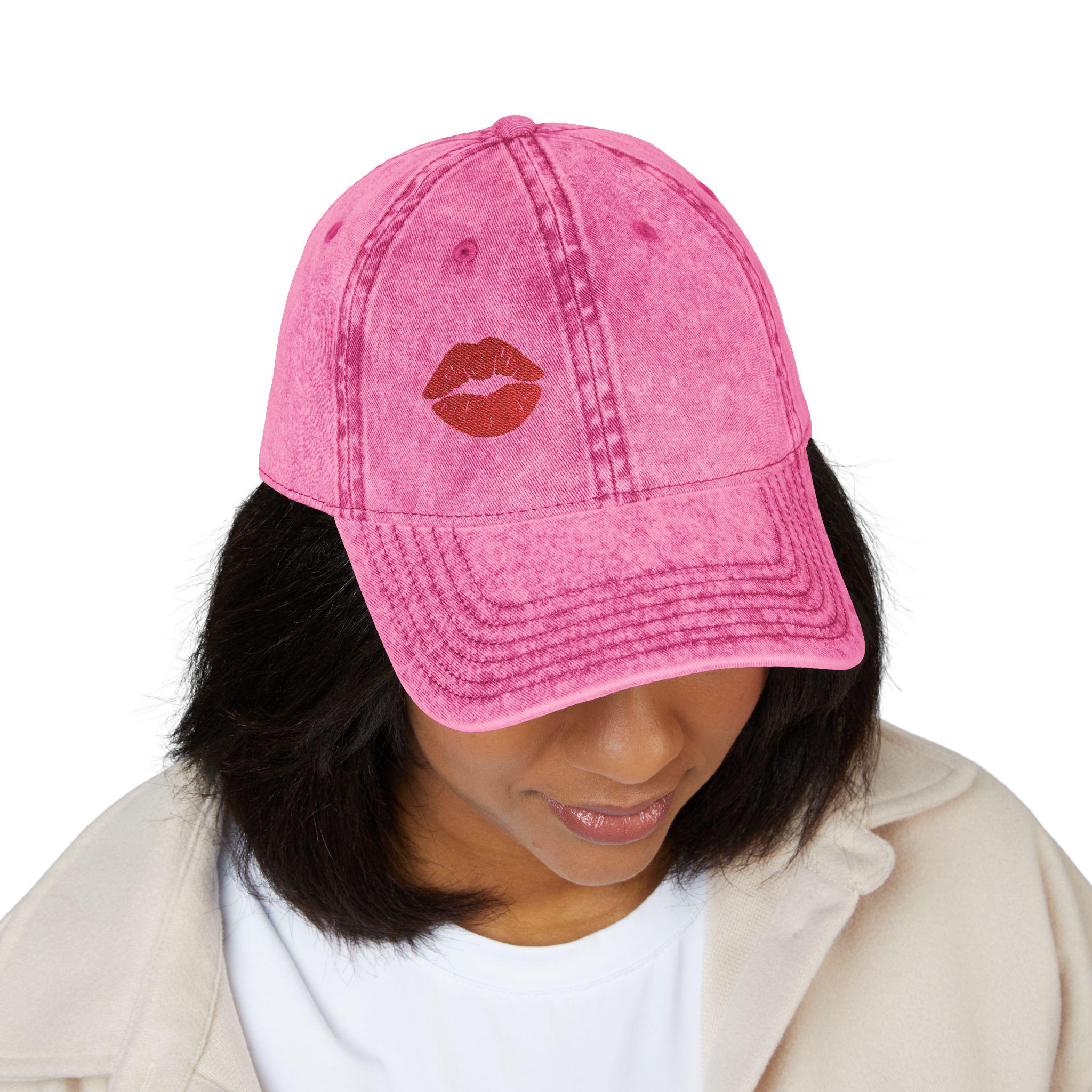 Red Lips Vintage Hat Bold Embroidered Kiss Hat for Flirty, Fun