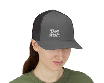 Dog Mom Trucker Hat Embroidered Minimalist Dog Face Hat for Proud Pet Moms and Dog-Loving Style. White Letters