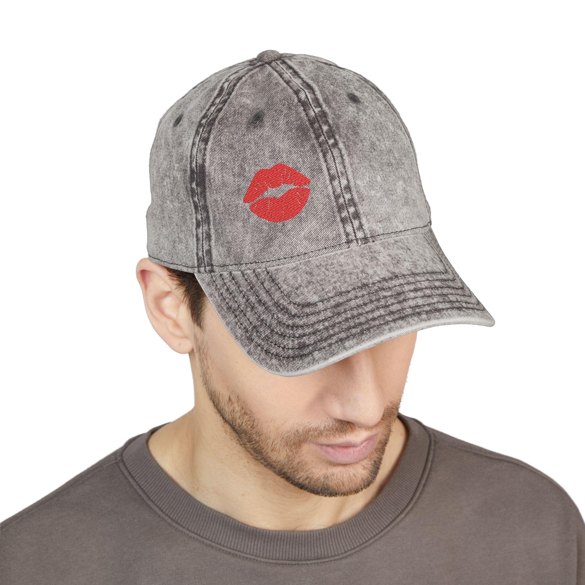 Red Lips Vintage Hat Bold Embroidered Kiss Hat for Flirty, Fun