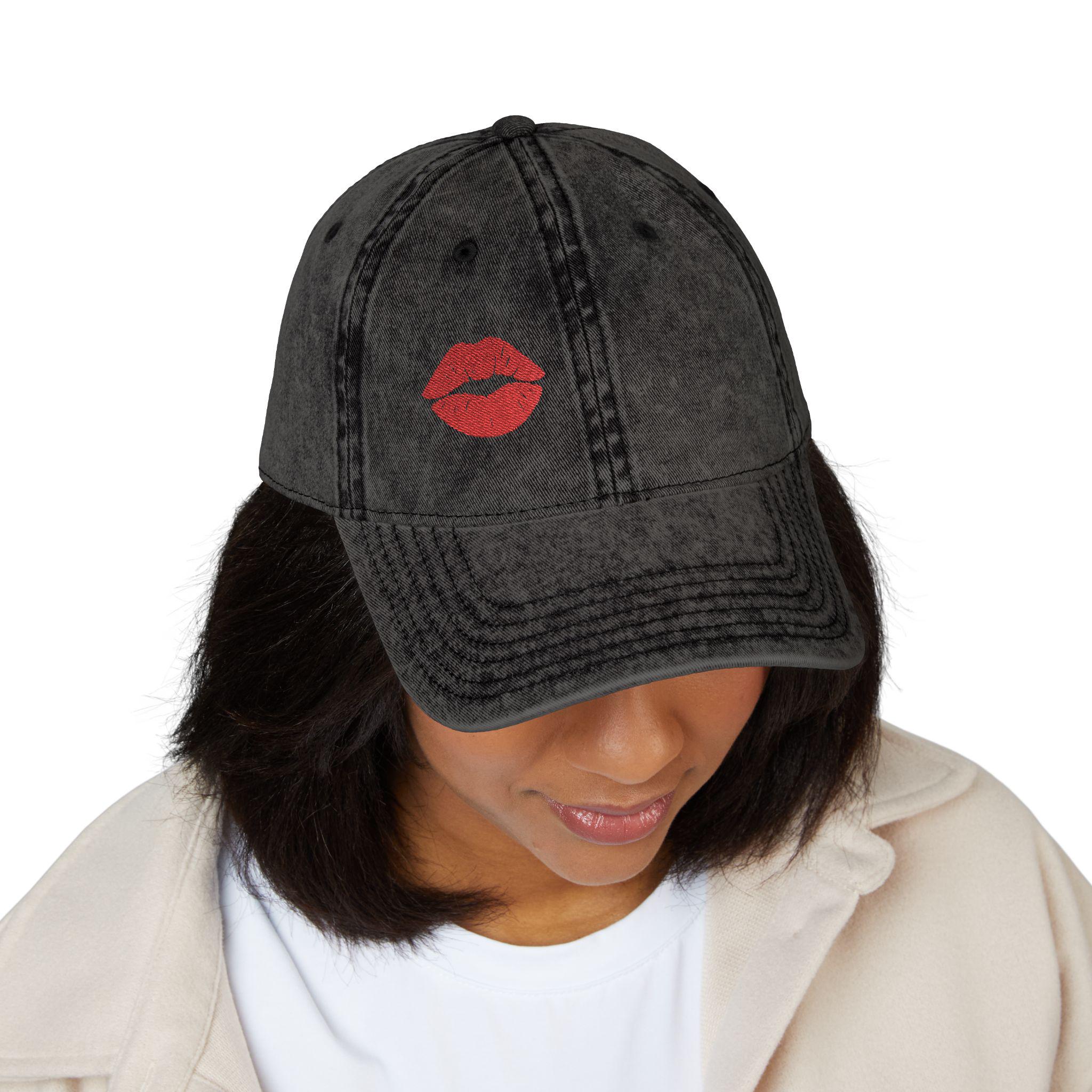 Red Lips Vintage Hat Bold Embroidered Kiss Hat for Flirty, Fun