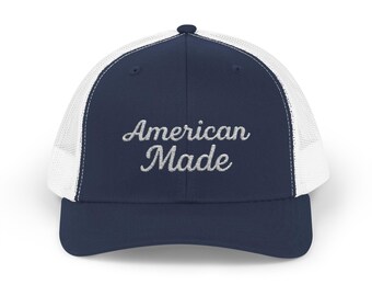 American Made Trucker Hat Embroidered Patriotic Hat with Retro Script for USA Pride and Everyday Freedom. White Letters