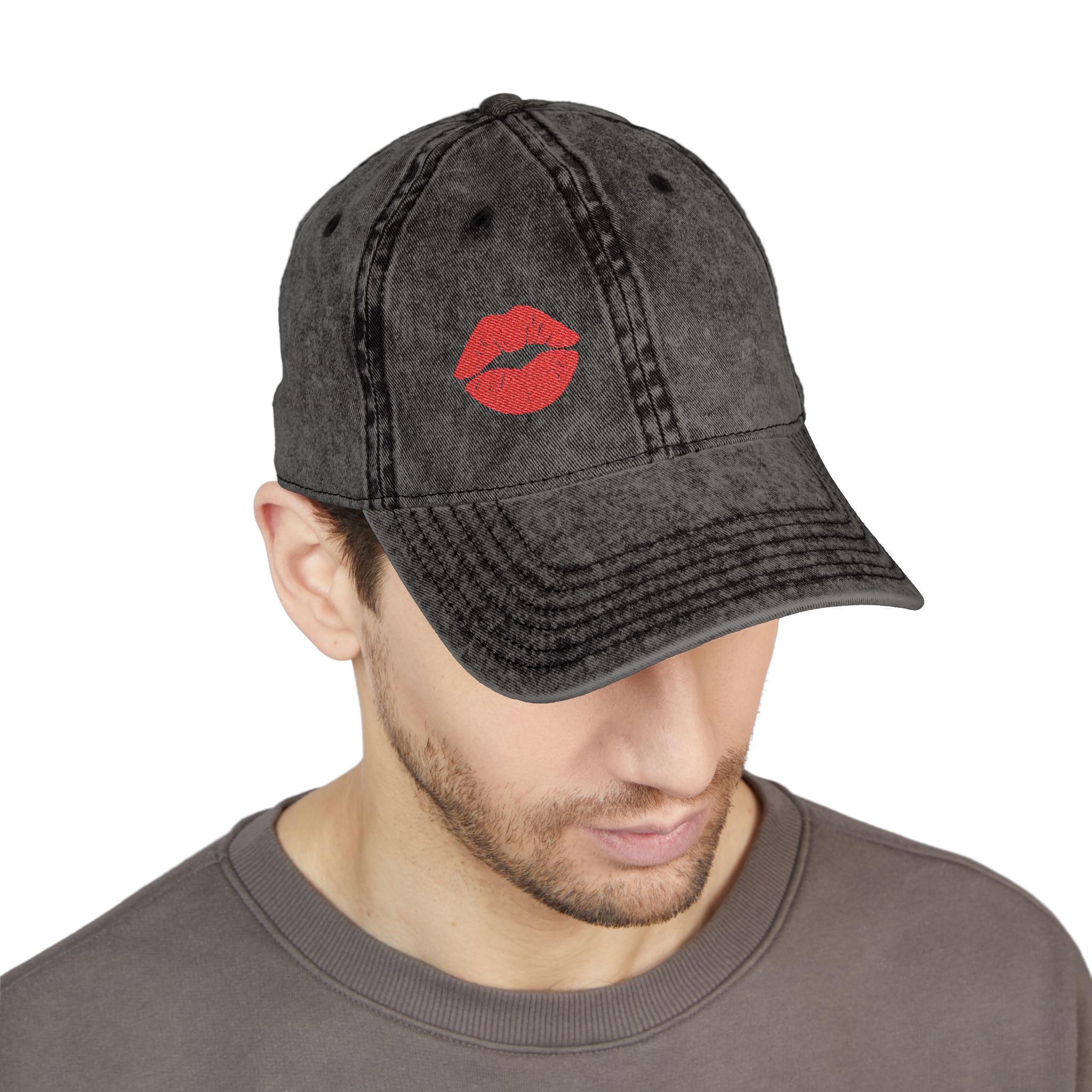 Red Lips Vintage Hat Bold Embroidered Kiss Hat for Flirty, Fun