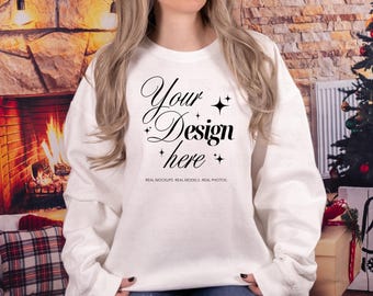 Comfort Colors 1466 White Lightweight Crewneck Sweatshirt Mockup – Christmas Female Model Studio Photo