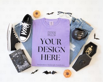 Violet Comfort Colors 1717 T-Shirt Mockup, Tee Flat Lay Mock-up, Lifestyle Mock, Halloween Aesthetics