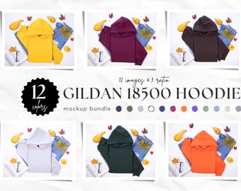 12色のGildan 18500パーカーモックアップバンドル、G185フラットレイモックアップ、秋パーカーモックアップ、POD用フード付きスウェットシャツスリーブモックアップ