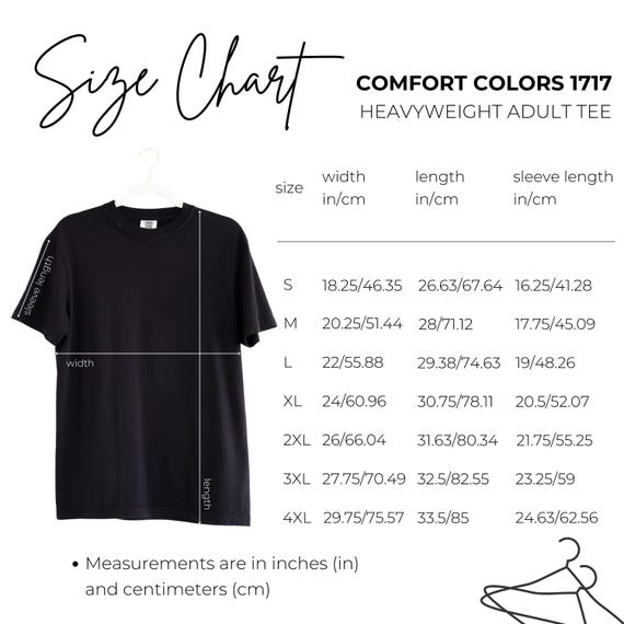 Comfort Colors 1717 Unisex T-shirt Size Chart Centimeters and