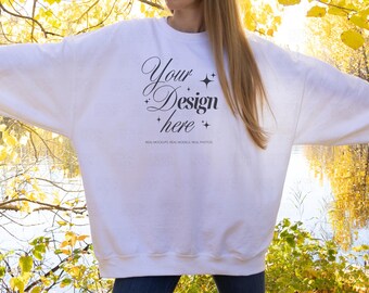 Gildan 18000 White Sweatshirt Mockup, G180 Real Model Mock-up, Fall Crewneck Mock Up, Autumn Oversized Shirt Mockup for Print on Demand