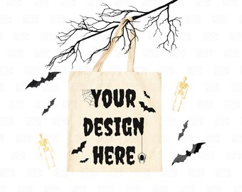 Mock-up draagtas Halloween, mock-up draagtas natuurlijk, mock-up boodschappentas, mock-up promotionele tas, mock-up canvas Trick or Treat-tassen