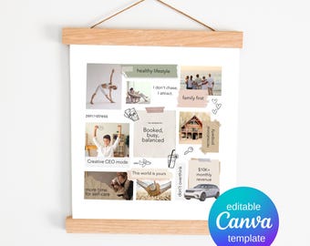 Szablon Vision Board Edytowalny Canva, Wydrukowana Vision Board 10x10 cali, Vision Board dla Kobiet, Vision Board dla Przedsiębiorców