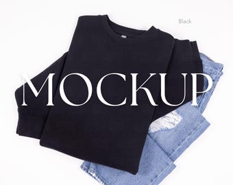 Black Cotton Heritage M2480 Mockup: Flat Lay Premium Crewneck Sweatshirt & Denim Real Product Photo