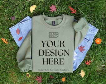 Military Green Gildan 18000 Mockup, Crewneck Mock Up, Flat Lay Shirt Mock-Up, Fall Sweatshirt Mockup, Folded Mock up, Nature Mockup