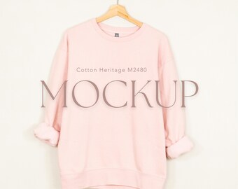 Light Pink Cotton Heritage M2480 Sweatshirt Mockup | Hanging Crewneck Real Product Photo (Digital Dowload)