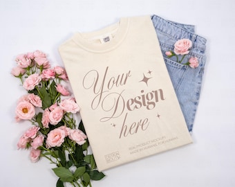 Ivory Comfort Colors 1717 T-Shirt Mockup | Floral Folded Flat Lay CC1717 Tee Product Photo