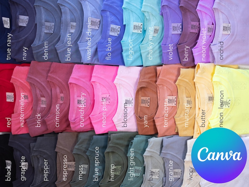 May include: A collection of colorful t-shirts in various shades, including red, blue, pink, and green. Each shirt is labeled with its color name, such as "true navy," "neon pink," and "neon lemon." The Canva logo is visible in the bottom right corner.