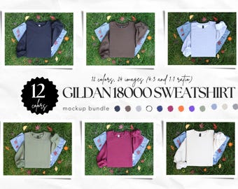 12 Colors Gildan 18000 Mockup Bundle, Crewneck Mock Ups, Flat Lay Mock-Up Bundle, Fall Sweatshirt Mockups, Folded Mock ups, Nature Mockups