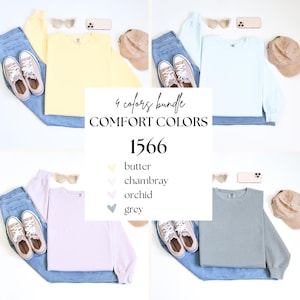 Comfort Colors 1566 Bundle of 4 Mockups, Flat Lay Crewneck Mock up Bundle, Front and Sleeve Mockups, Folded Sweatshirt Mock-ups