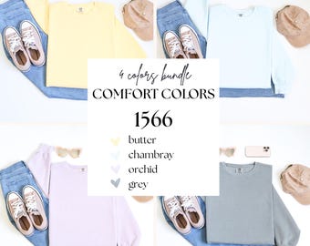Pacote com 4 mockups Comfort Colors 1566, pacote com mockups de gola redonda plana, mockups de frente e manga, mockups de moletom dobrado
