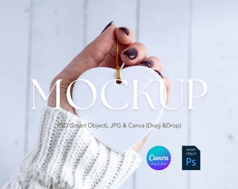 Heart Ceramic Ornament Christmas Mockup | PSD Smart Object, JPG & Canva Mockup Template | Real Product Photo