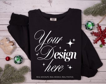 Comfort Colors 1466 Black Lightweight Crewneck Sweatshirt Mockup – Christmas Flat Lay Photo