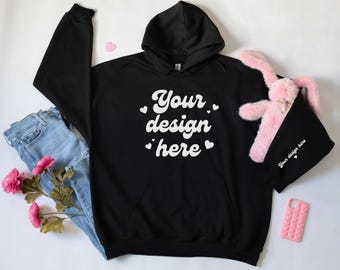 Zwart Gildan 18500-sweater met capuchon, Valentijnsdag Moederdag G185 zwarte hoodie mockup, flatlay shirtmodel Valentine platliggend mock-up