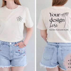 Natural Bella + Canvas 3001 Front, Back & Split View T-shirt Mockup, Summer BC 3001 Mock Up, Neutral Minimalistic Real Model Mockups