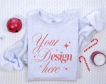 Gildan 18000 Ash Sweatshirt Christmas Mockup, G185 Flat Lay Crewneck Mock-up, Folded Shirt Mock up