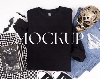 Black Cotton Heritage M2480 Halloween Mockup | Unisex Crewneck Sweatshirt Real Product Flat Lay Photo